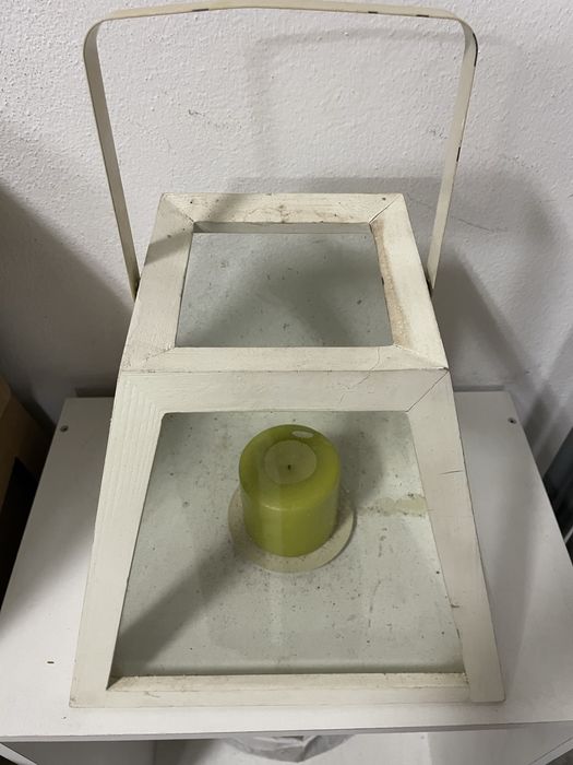 Porta velas madeira branco e vidro