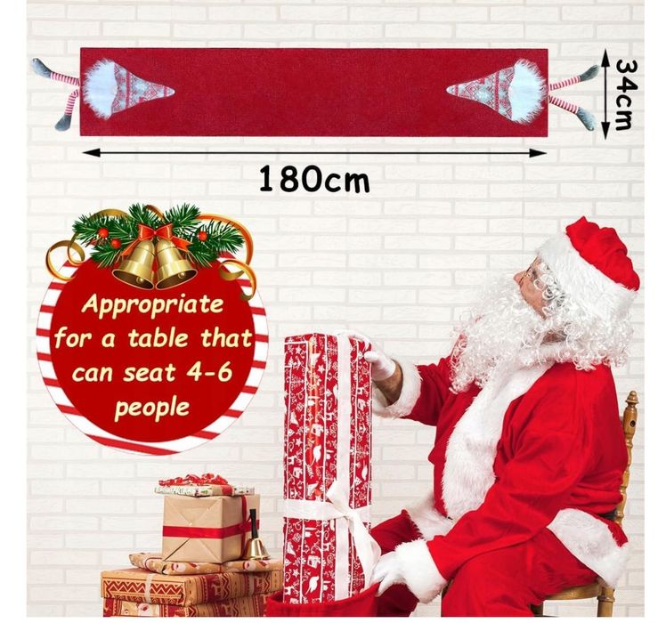Bieżnik na stół świąteczny z elfem czerwony lniany 34 x 180 cm