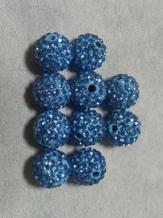 Koralik kulka Shamballa z cyrkoniami niebieski 2 otwory 10 mm 10 sztuk