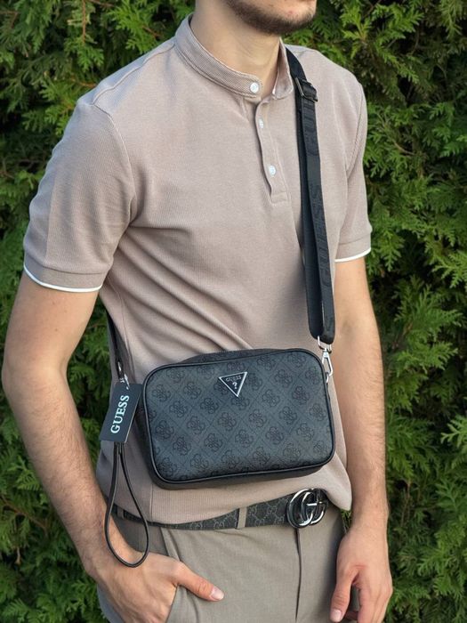 Сумка Guess Vezzola Smart чоловіча шкіряна чорна барсетка Гесс