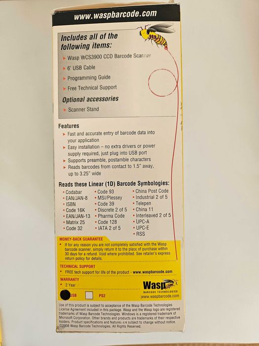 Skaner kodów kreskowych WASP WCS3905 USB Barcode scanner barcode reader