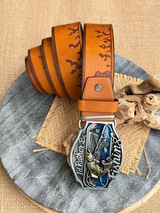 Pasek męski ryba Fish wędkarz wędkarski jeans western jasny brąz