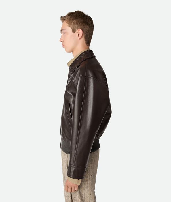 Чоловіча шкіряна куртка-бомбер Bottega Veneta Intrecciato Collar Brown (Коричнева брендова куртка з натур. шкіри) XL