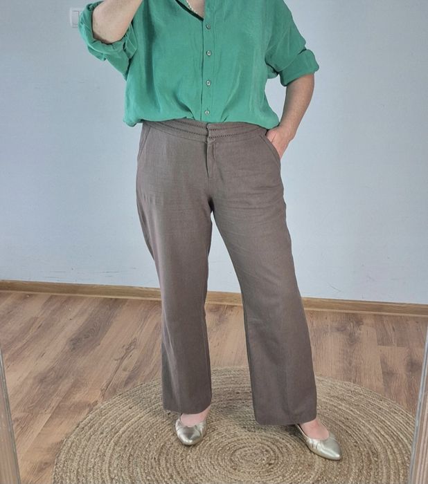 Brązowe spodnie z lnem i wiskozą eleganckie szerokie proste nogawki 16