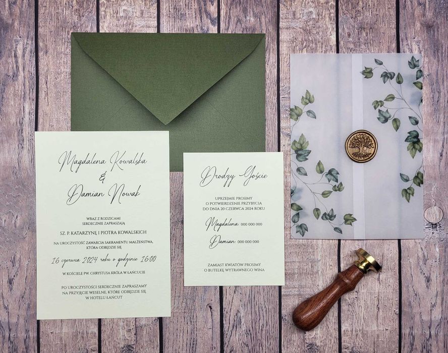 Zaproszenia ślubne, kalka z pieczęcią motyw drzewa, liści