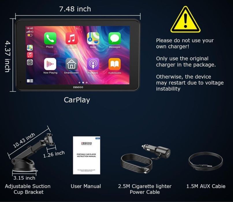 7-дюймовый IPS-дисплей ESSGOO Apple CarPlay и Android Auto екран моніт