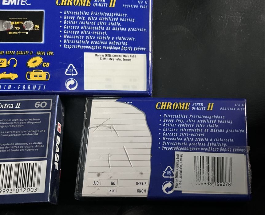 3 Nowe Kasety Magnetofonowe EMTEC Chrome Super Quality II 90 , BASF 60 Chrome Extra II