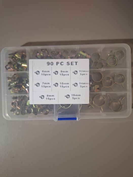 Хомути пружинні самозатискні, 90 штук  металеві, в кейсі