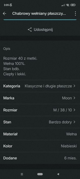 Chabrowy wełniany płaszcz S-M