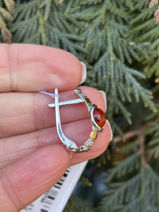 Срібний набір з золотом і бурштином сережки+каблучка