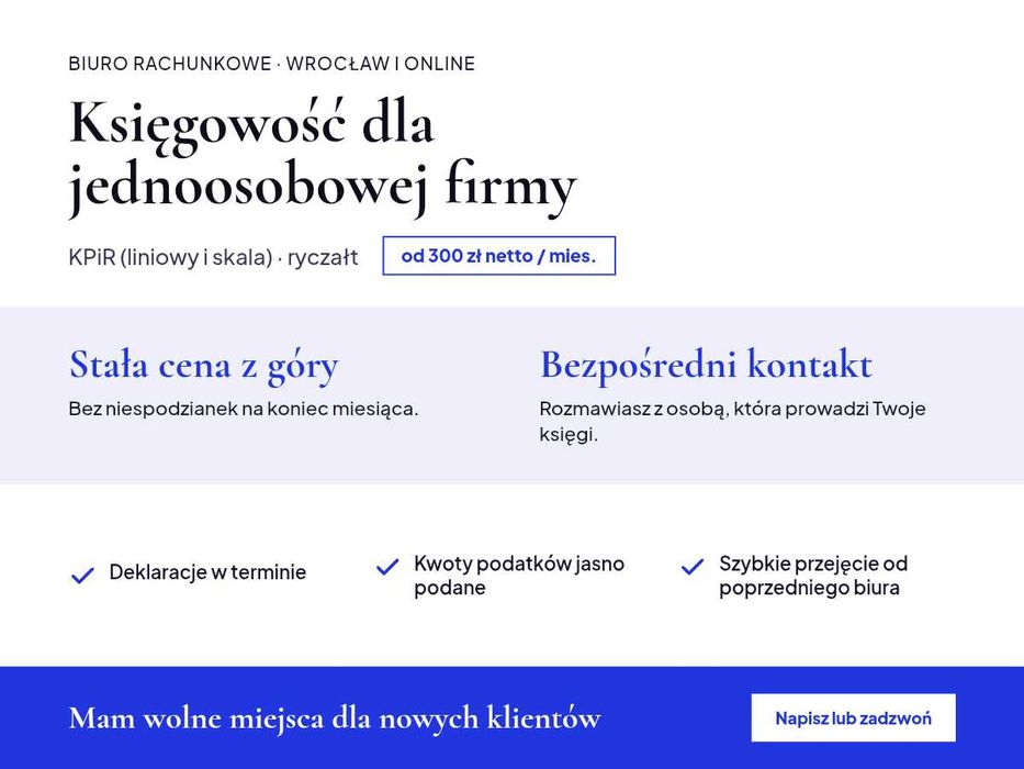Biuro rachunkowe, księgowa — KPiR i ryczałt dla JDG, Wrocław i online