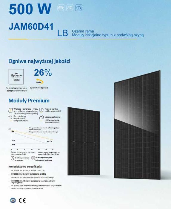JAM60D41-500/LB Ja Solar panele fotowoltaiczne full black czarne 500W