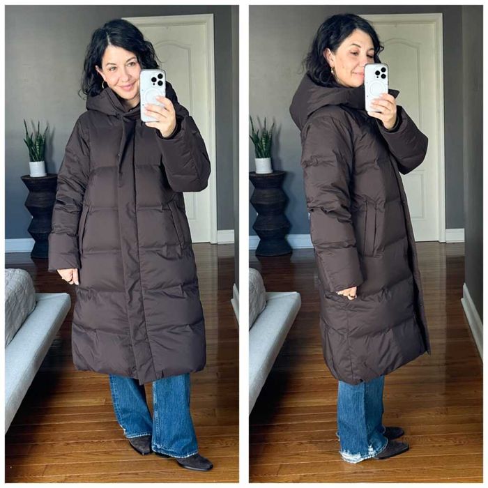 Очень теплый женский шоколадный пуховик  Uniqlo midi(р.S-M)оригинал