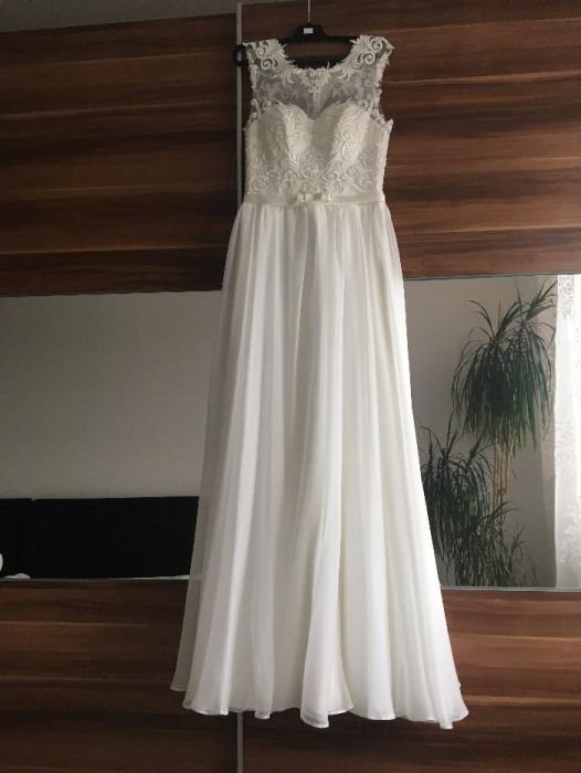 Śmietankowa, piękna suknia ślubna, rozm. 36, Gipiura,Promocja, Poleca