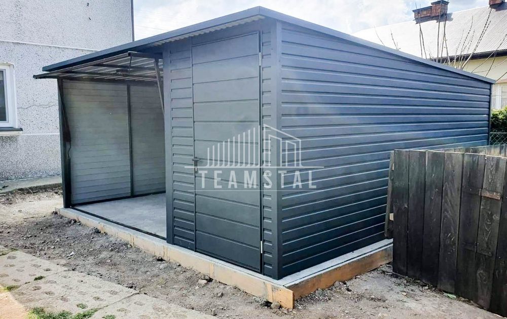 GARAŻ BLASZANY 4,5m x 6m spad tył Brama antracyt drzwi TS231 4,5x6