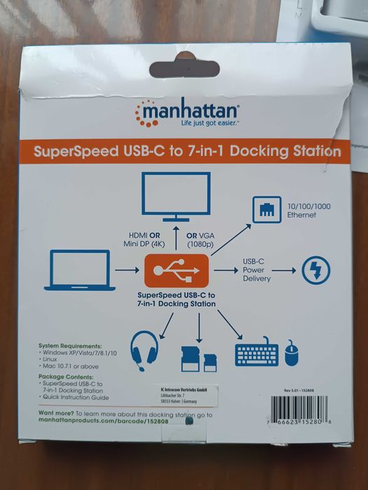 Новая Док-станция Manhattan SuperSpeed USB-C to 7-in-1 silver (152808)