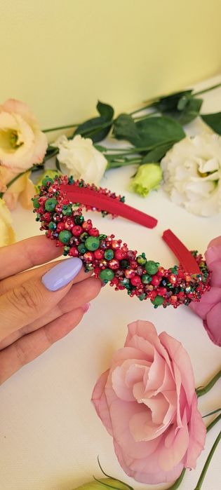 Обідок під вишиванку, сукню. Червоно-зелений обідок ручної роботи.