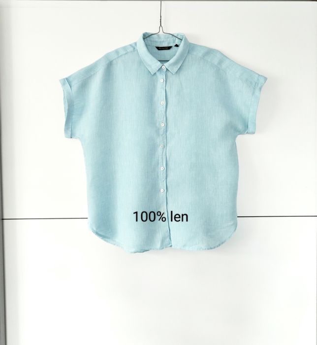 Koszula Massimo dutti 42 XL niebieska błękitna lniana na guziki krótki rękaw