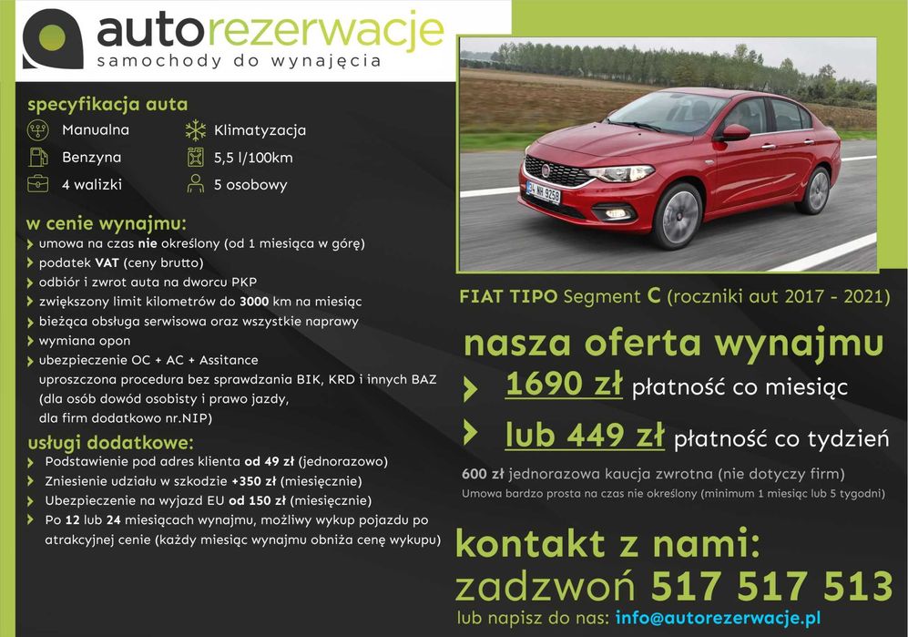 Wynajem wypożyczenie samochodów/aut za 1299 za 30 dni lub 335 co 7 dni