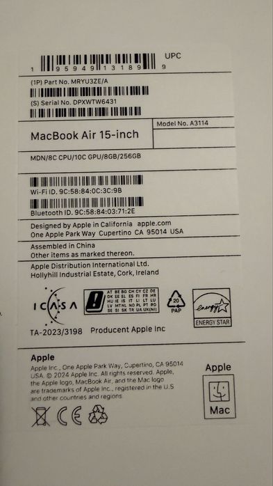 MacBook Air 15 cali M3; 256GB/8GB