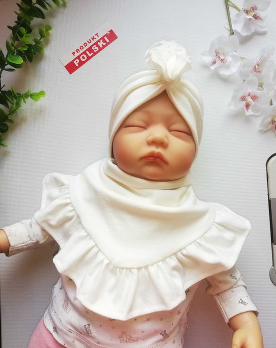Czapka Turban ecru + chusta z falbanką + opaski z kokardą 2szt.