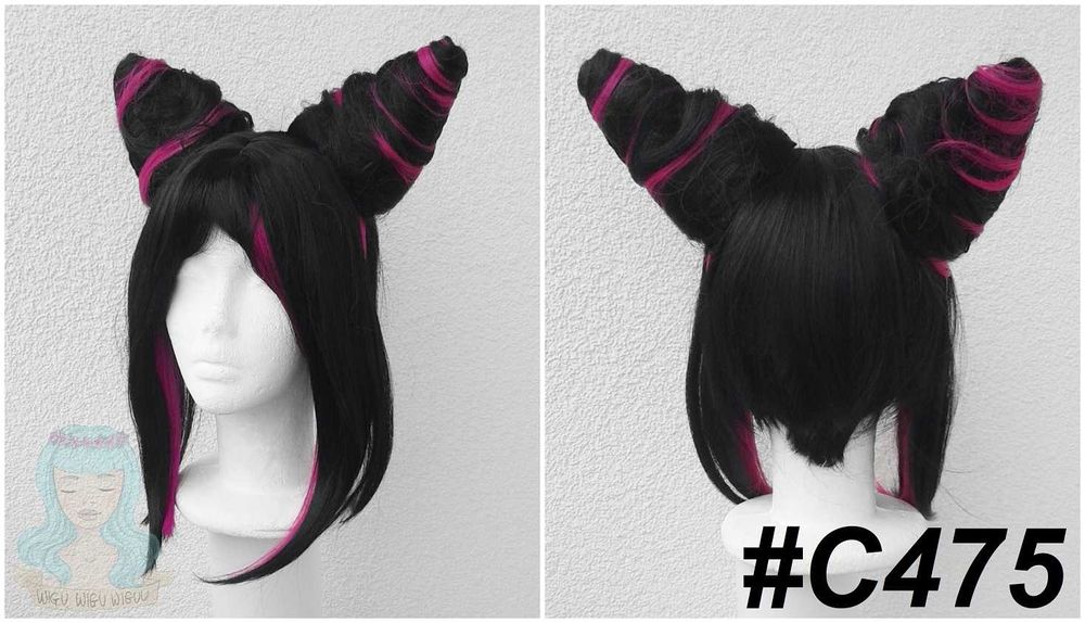 Juri Stree Fighter peruka z uszkami czarna różowe pasemka cosplay wig
