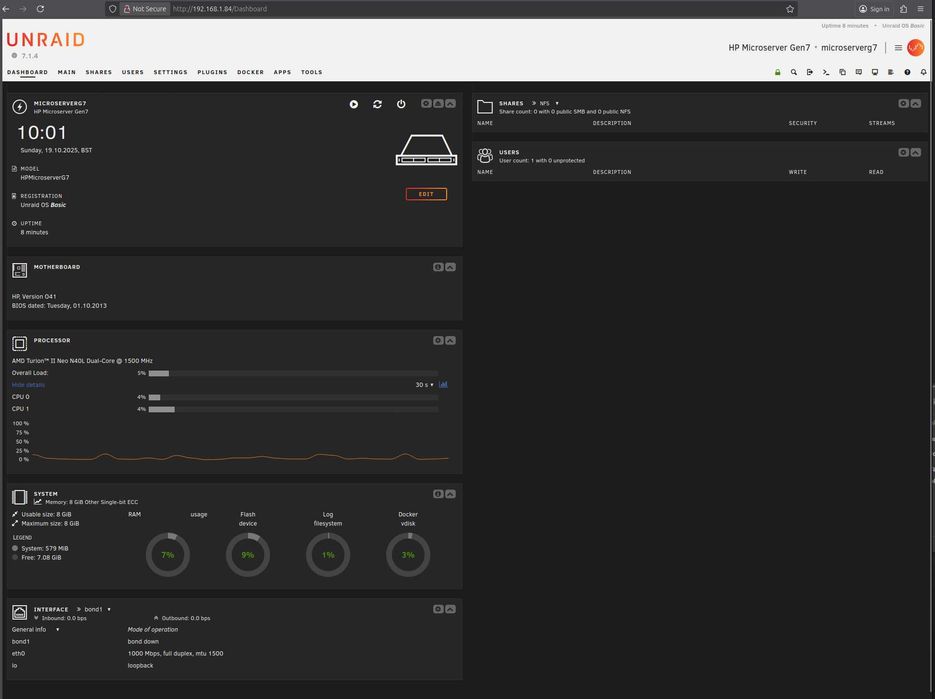 HP Microserver G7 + UnRAID + 2HDDs