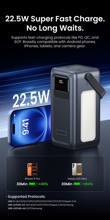 Повербанк Vention FKW 50000mAh 22.5W з вбудованими кабелями і ліхтарем