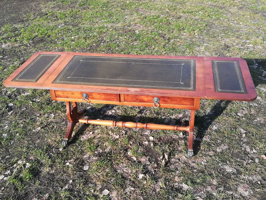 Stolik klapiak karciak skóra zielona chippendale antyk