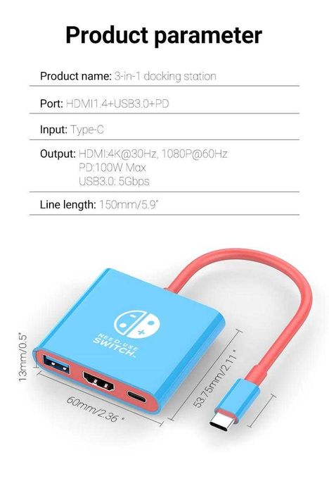NOVO - Nintendo Switch Adaptador 3 em 1 - HDMI + USB 3.0 + PD 100W