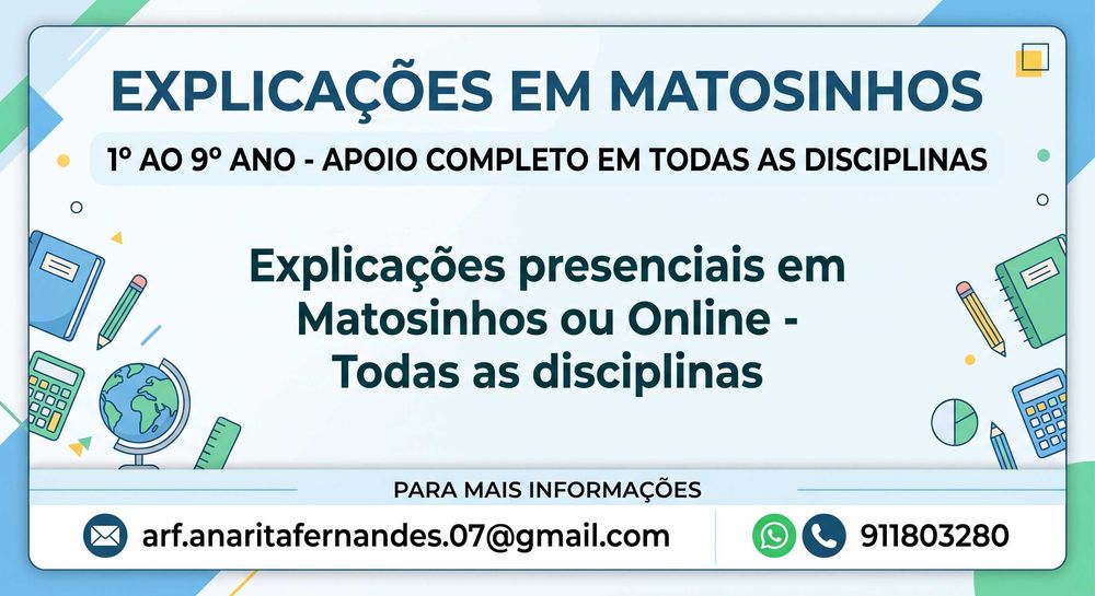 Explicações 1º ao 9º Ano - todas as disciplinas - Matosinhos