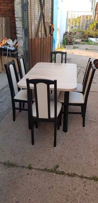 Nowe: Stół 80x140/180 + 6 krzeseł, CZARNY/blat sonoma + CREM
