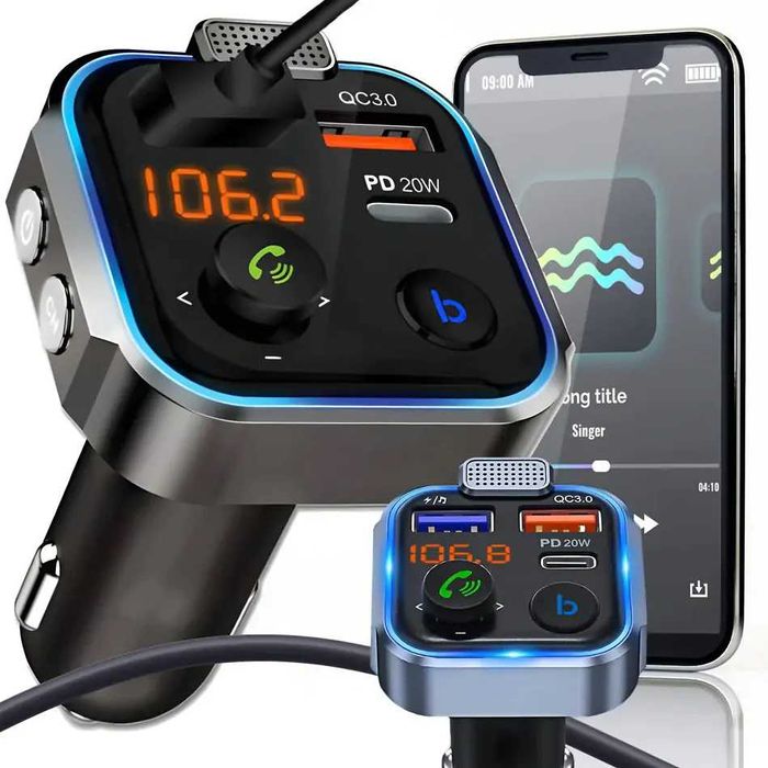 Transmiter FM z Szybką Ładowarką Bluetooth, Audio MP3, 3x USB, RGB