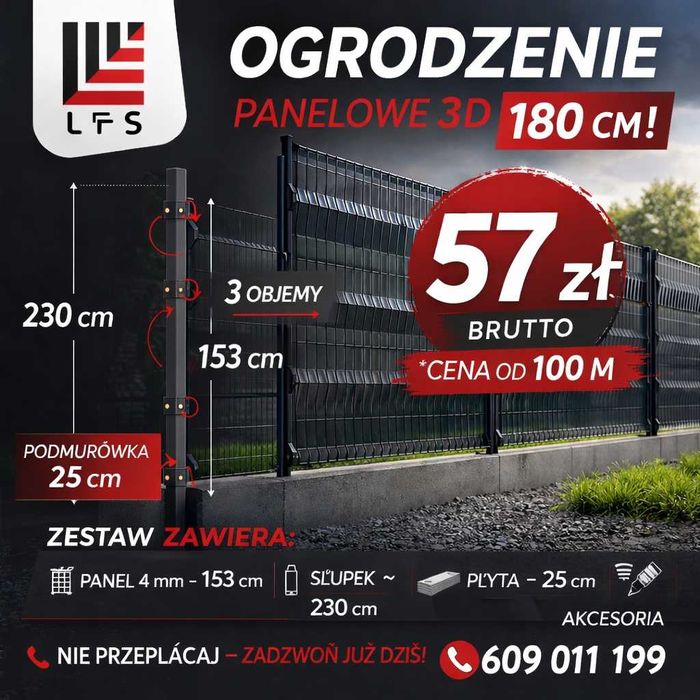 Ogrodzenie panelowe 180cm komplet panel 153 cm+ podmurówka 25 cm