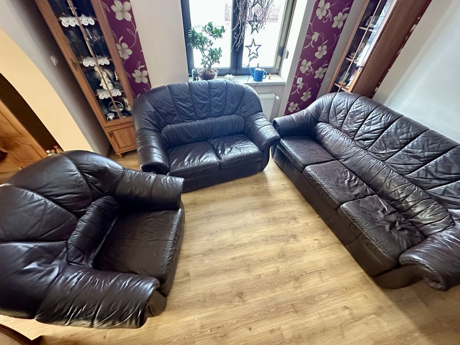 Skórzany komplet wypoczynkowy 3+2+1 prawdziwa skóra OKAZJA