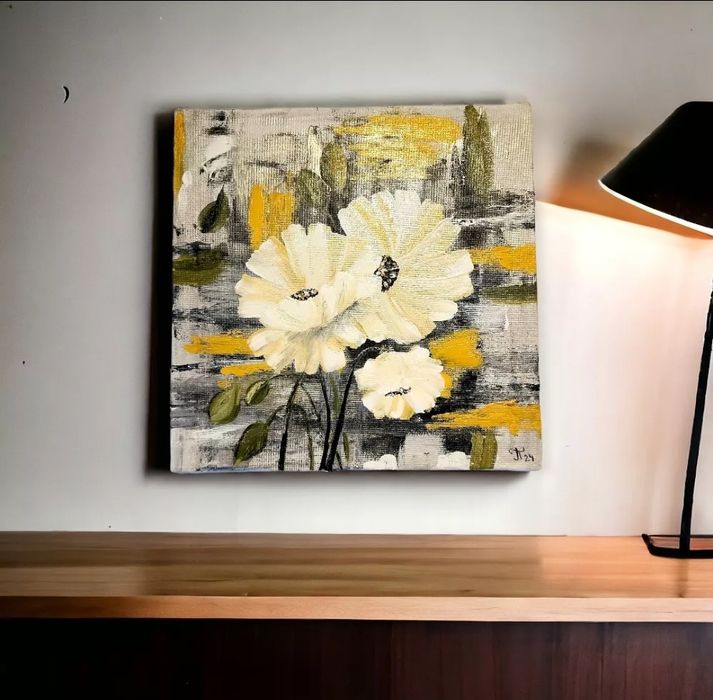 Quadro Pintura Á Mão sobre Tela Canva Flores Brancas 30x30 cm