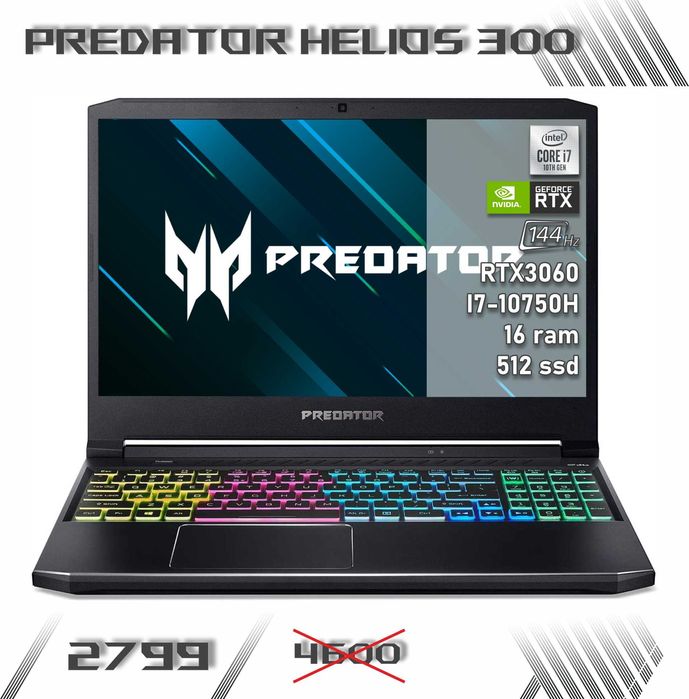 LAPTOP GAMINGOWY Acer Predator RTX 3060 Intel I7-10750H 144 hz