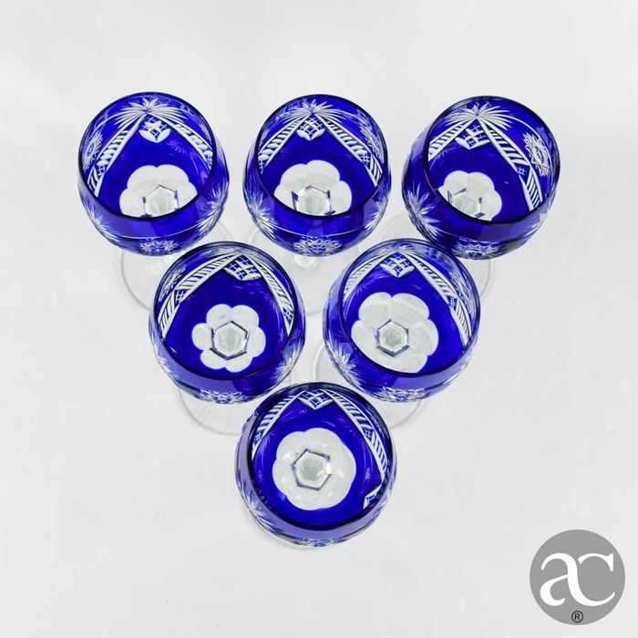 Conjunto de 6 Copos Cristal Doublé, Cristal da Bohemia, azul-cobalto