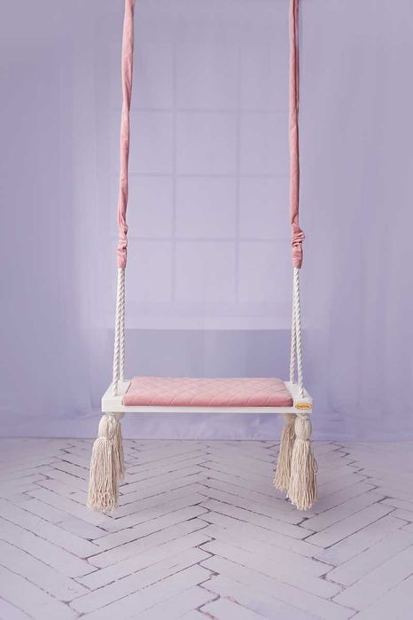 Huśtawka dla dzieci, drewniana zabawka dziecięca, szara, różowa, beż