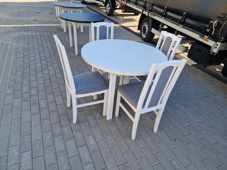 Stół okrągły rozkładany + 4 krzesła, biały+szary, dostawa cała POLSKA