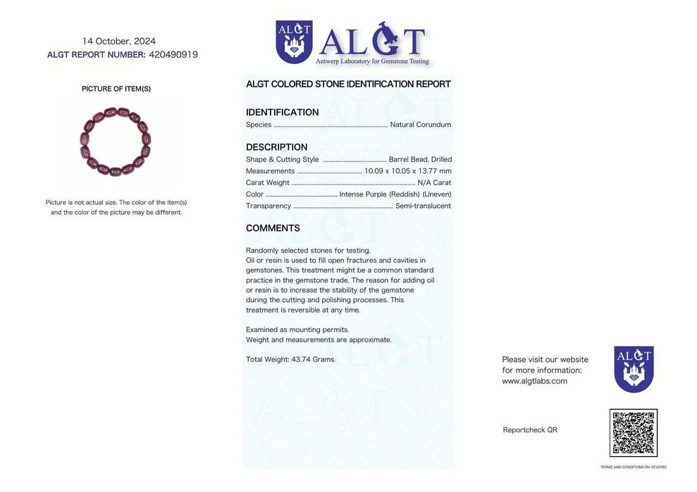 Certificado ALGT - Pulseira de rubi natural- 43.74 g