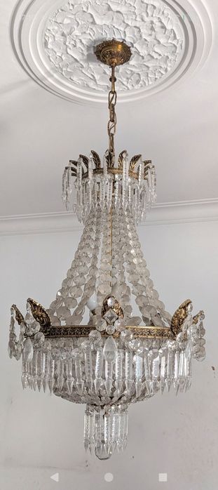Lustre Antigo de Cristal com Estrutura em Bronze/Latão