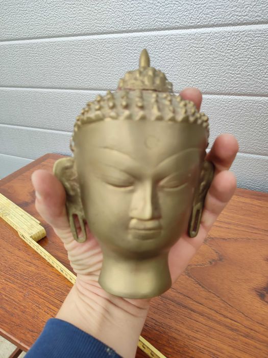 Mosiężna Głowa Buddy Masywna - Ciekawa - Vintage - design -R