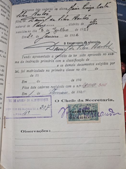 Caderno escolar antigo 1931 com fotos e selos liceu secundária