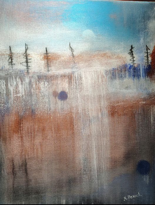 Abstrakcyjny obraz z elementami pejzażu