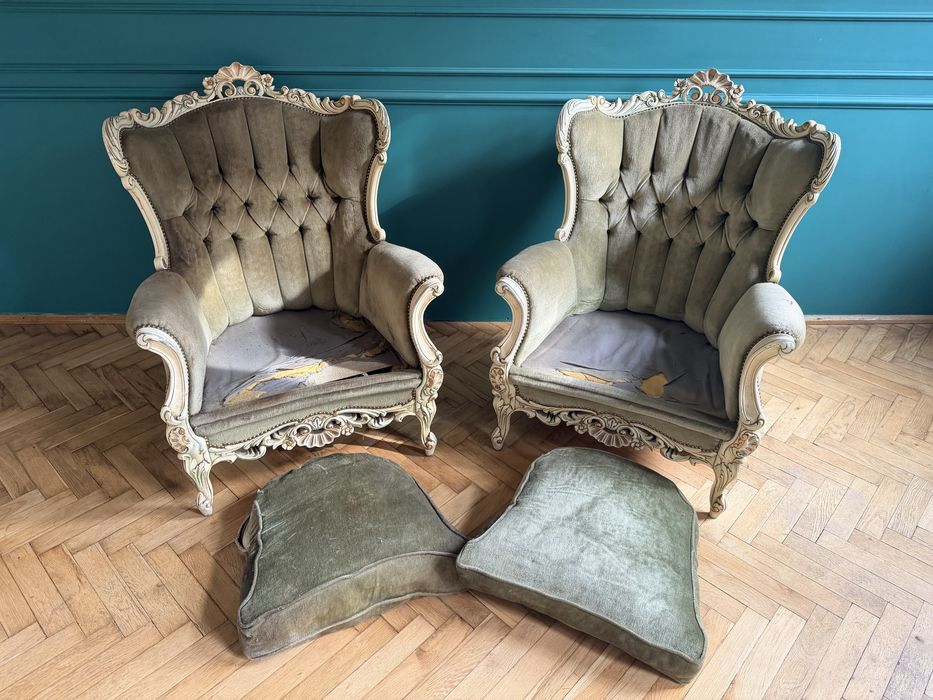 Komplet ecru ludwikowski zielony stylowy sofa Ludwik