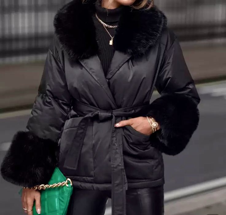 Kobieca wiązana kurtka zimowa czarna futerko jak naturalne M