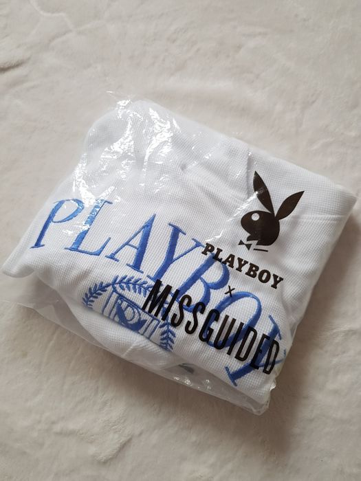 Bluza playboy M university College biała haftowana krótka crop wafelko
