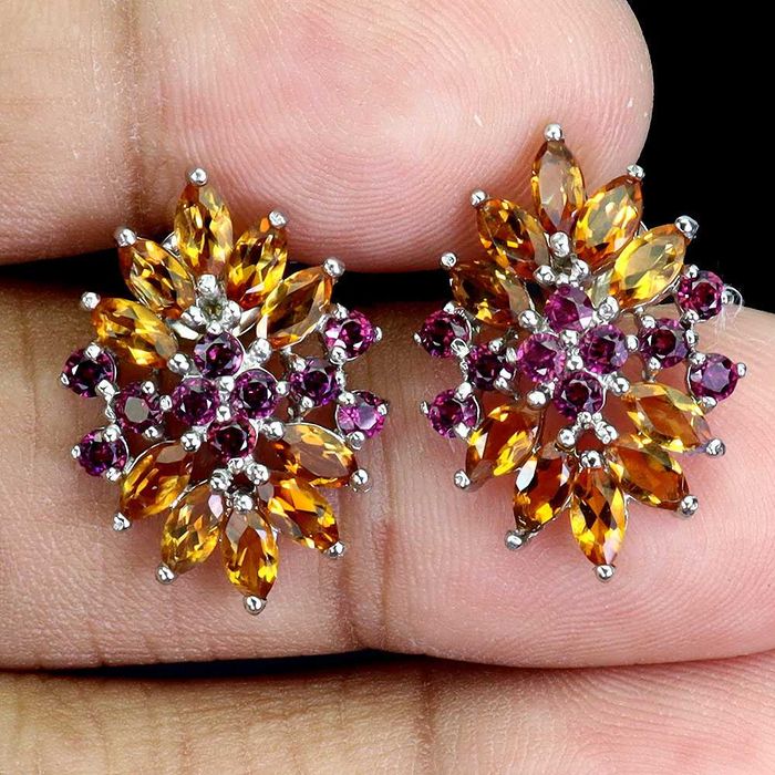 Серьги из серебра 925 пробы с цитрином, родолит гранатом