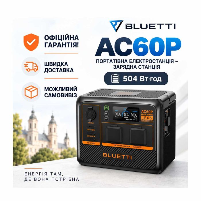 ‼️Офіційна Гарантія‼️ BLUETTI AC60P зарядна станція 600Вт 504Вт·год LiFePO4 портативна електростанція UPS джерело безперебійного живлення для дому